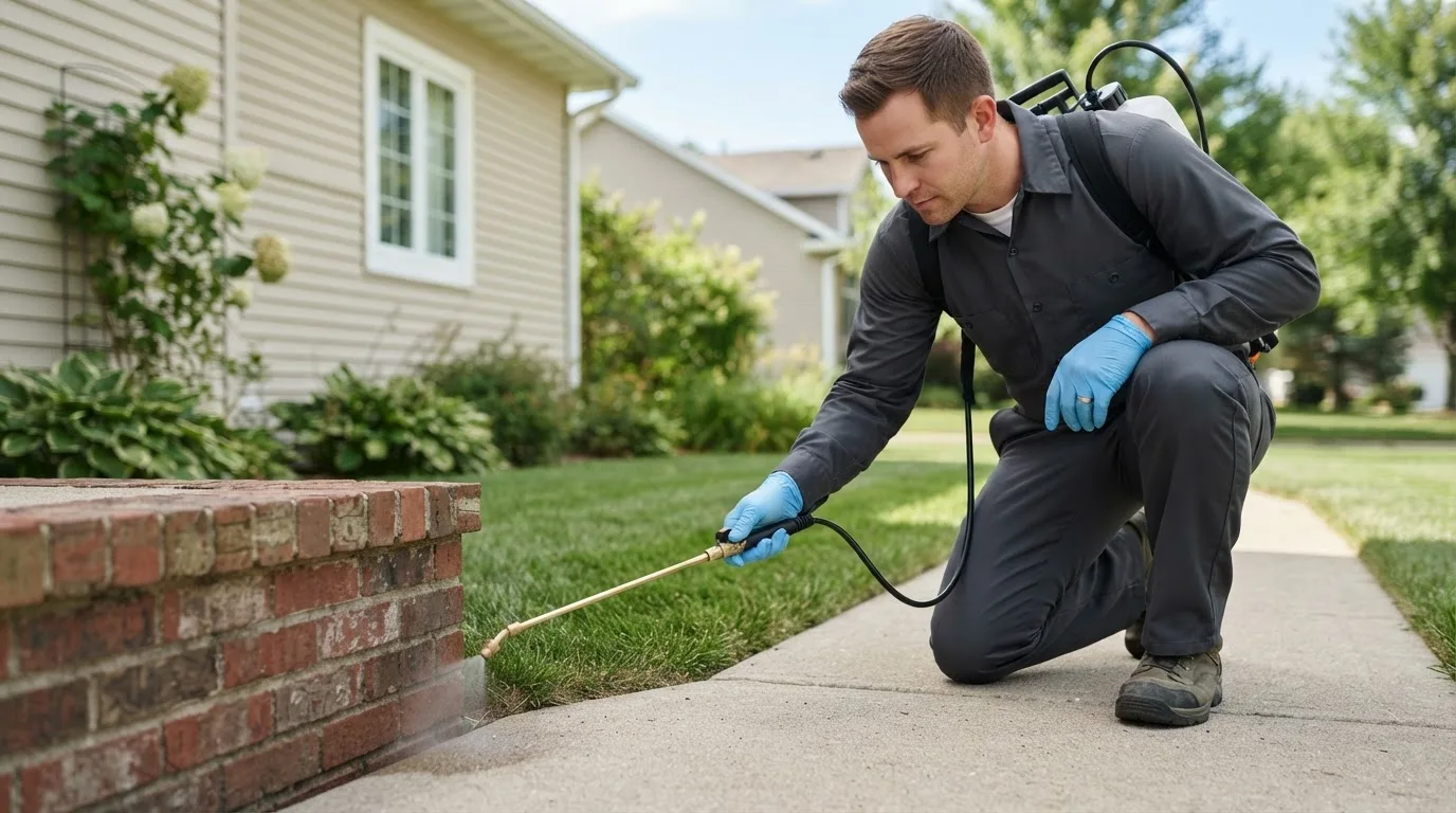 Pest control technician treating a home near Ann Arbor, MI